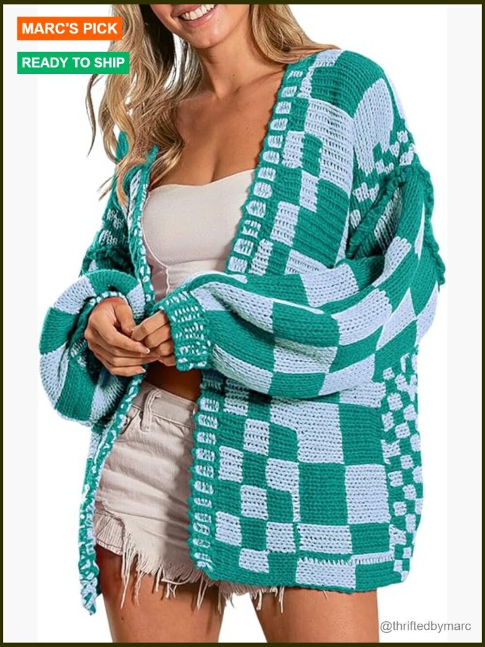 Open Front Chunky Knit Cardigan Sweater Long Sleeve Plaid Checkered Pattern